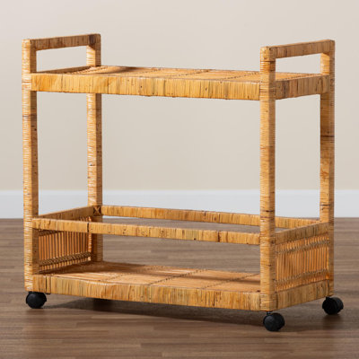 Cellan Modern Bohemian Natural Brown Rattan And Teak Wood 2-Tier Kitchen Cart by Bayou Breeze