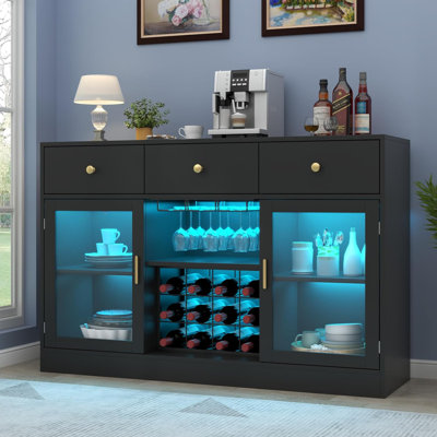Wine Bar Cabinet with LED Light, Home Coffee Cabinet with Wine and Glass Rack by Wrought Studio