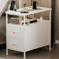 Massena Night Stand Small Side Table End Table White Nightstand Charging Station 2-Drawer Dresser by Ebern Designs