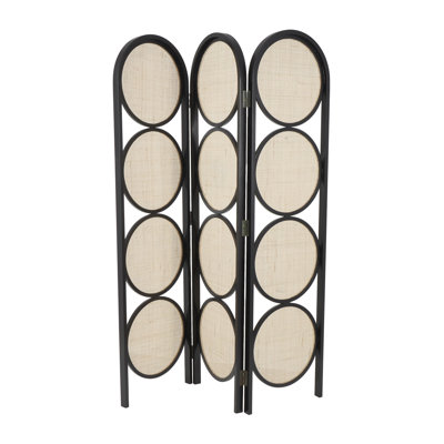 Bartle Black Wooden Geometric Handmade Arched Foldable 3 Panel Partition Room Divider Screen with Woven Cutouts