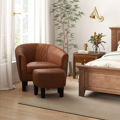 Alverstone 27.95" Wide American Traditional Faux Leather Barrel Chair with Ottoman by Trent Austin Design