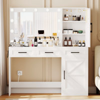 Jazline 46.9" L Vanity Table with Lighted Mirror, Makeup Vanity Desk with 10 Hooks and Charging Station by Gracie Oaks