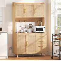 Manganaro 70.9" Kitchen Pantry with Microwave Shelf, Rattan Sideboard Buffet with Charging Station