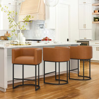 Charney 27" H Counter Height Bar Stools, Modern Barrel Counter Stools With Backrest And Arms, Metal Frames, Upholstered Accent Barstools For Kitchen I by Wade Logan