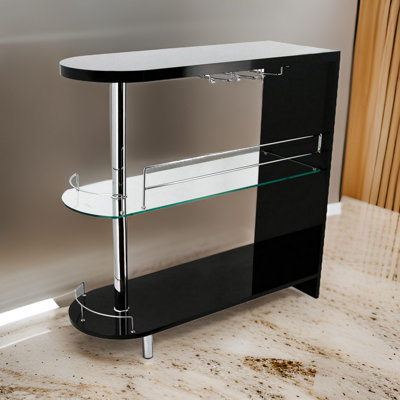 Kalyani 42 Inch Modern Bar Table, 3 Shelves, Tempered Glass, Black, Chrome by Orren Ellis