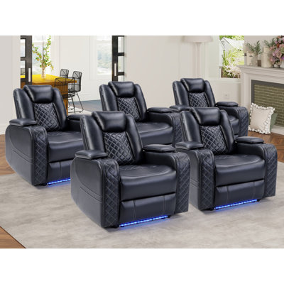 36.2" Wide Luxury Vegan Leather Power Recliner Home Theater Individual Seat with Cup Holder (Set of 5) by Latitude Run