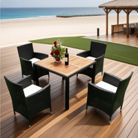 Edward-Matthew 5 Piece Outdoor Patio Wicker Dining Set With Acacia Wood Top, Black Wicker And Creme Cushion