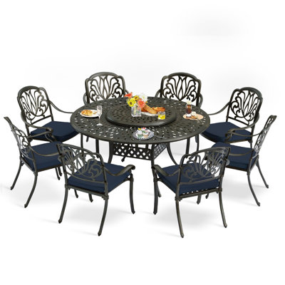 9-Piece Dining Set includes 1 round table with detachable lazy susan, 8 cushioned chairs by Bloomsbury Market