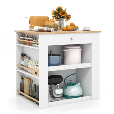 Ebern Designs Kitchen Island W/storage Rubber Wood Countertop 2-door Cabinet Drawer Sideboard by Ebern Designs