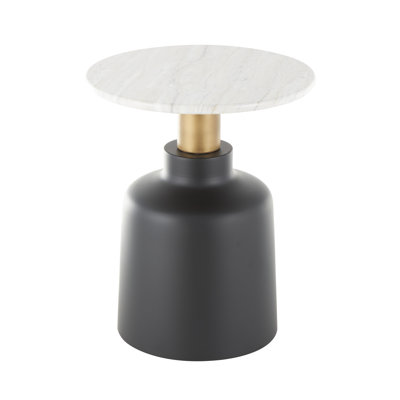 Yaretsy Metal Pedestal Side End Black Accent Table with Faux White Marble Top by Mercer41