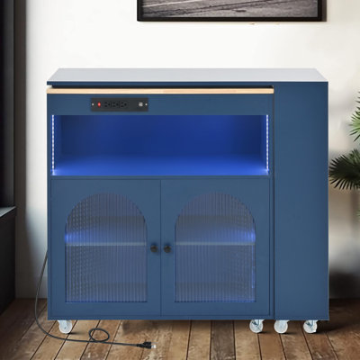 K&K Rolling Kitchen Island With Extended Table, Kitchen Island on Wheels with LED Lights,Power Outlets and 2 Fluted Glass Doors, Kitchen Island with a by Wrought Studio
