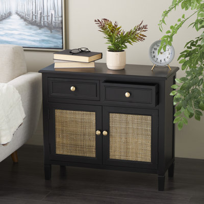 Anaye Wood Handmade 2 Drawers and 2 Door Black Cabinet with Rattan Front