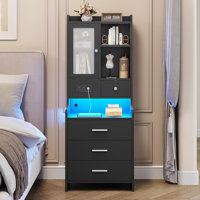 49.3" Tall Nightstand with Charging Station and LED Lights,Bedside Table with Drawers & Storage Shelves,Glass Door,LED Nightstand With Storage by Wrought Studio