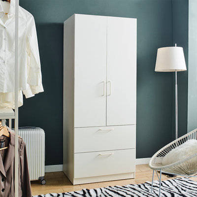 Two-Door Wood Closet with Two Drawers and Hanging Bars in White by Latitude Run