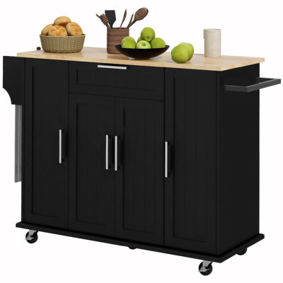 Kitchen Island On Wheels, Rolling Kitchen Cart With Rubberwood Top, Drawer, Spice Rack, Towel Rack, Storage Cabinet With Inner Adjustable Shelves by Latitude Run