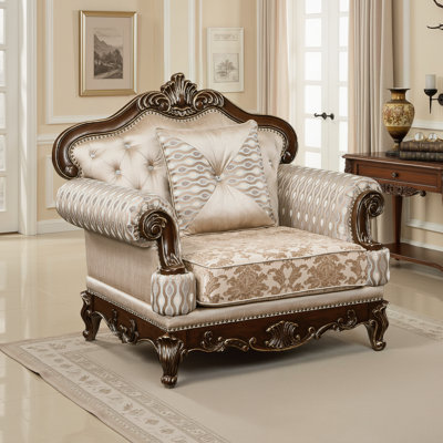 Shonta 48.5" Traditional Upholstered Armchair - Faux Crystal Tufting & Nailhead Trim, Cherry Finish with Gold Tipping by Astoria Grand
