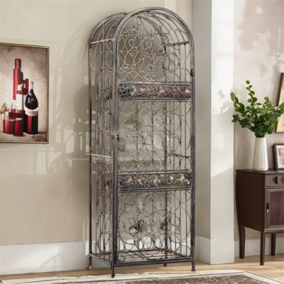 Georgiana Antique Bronze 45-Bottle Wine Rack Cellar – Lockable Wrought Iron Design, Scrollwork Accents by Ophelia & Co.