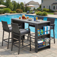 Meliton 5-Piece Bar-Height Wicker Patio Dining Set (Seats 4) with Storage-Shelf Table & Cushions