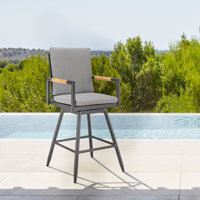 Koslya Outdoor Patio Swivel Stool in Aluminum with Wood Accent and Cushions by George Oliver