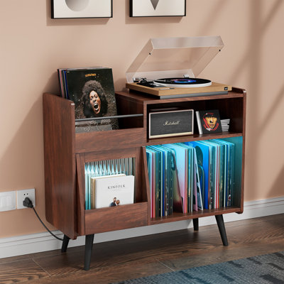 Large Record Player Stand, 350 Vinyl Record Storage Holder with Power Outlet and LED Light by George Oliver