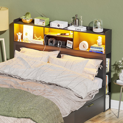 Sayaan LED Queen Headboard with USB Ports and Side Shelf Storage