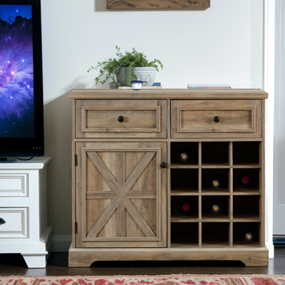 Wine Bar Cabinet ,Barn Door Design, Hidden Storage, Modern Farmhouse Style ,12-Bottle Wine Rack, 2 Drawers Suitable For Bedroom, Living Room, Kitchen by Gracie Oaks