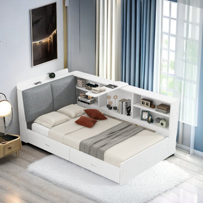 Lordina Bed with Upholstered Storage Headboard, Side Shelves and A Rotating Board