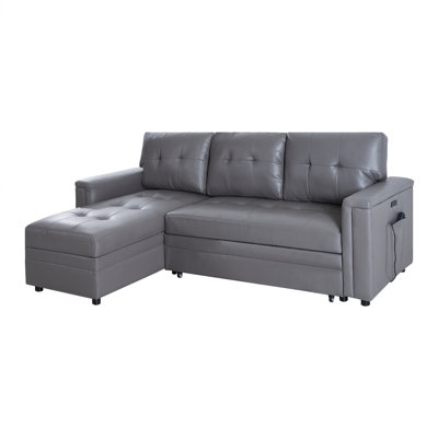 Kerrill Reversible Leather L-Shaped Sleeper Sofa Bed with USB – Pull Out Couch & Storage Chaise by Ebern Designs