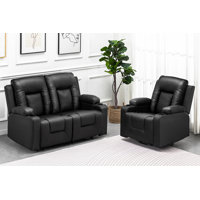 Recliner Sofa Set, Manual Reclining Chair Loveseats with Cup Holders, Chanah Bonded Leather Recliner Sofa Home Theater Seating Suitable for Living Roo