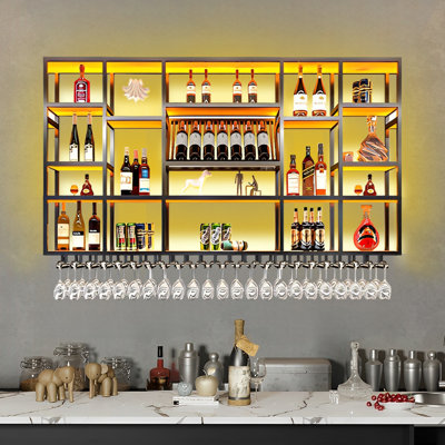 Jozey Wall Mounted Wine Bottle & Glass Rack in Black by Bungalow Rose