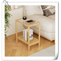 Side Table End Table Rattan Night Stand For Small Spaces Bedroom, Living Room, Rattan Glass Bamboo Coffee Bedside End Table 2-Tier With Storage Boho by Mercer41