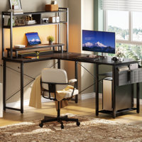 L Shaped Computer Desk with Hutch & Power Outlets, Reversible Gaming Desk with Monitor Stand & Storage Shelf by Ebern Designs