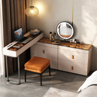 High-quality Makeup Vanity Set,Power Outlet, Glass Top,Corner,Very easy to assemble,Includes makeup stool by Hokku Designs