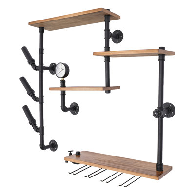 Kaiceon 4-Tier Industrial Style Wall Mounted Wine Rack with Wine Glass Holder Black by Williston Forge