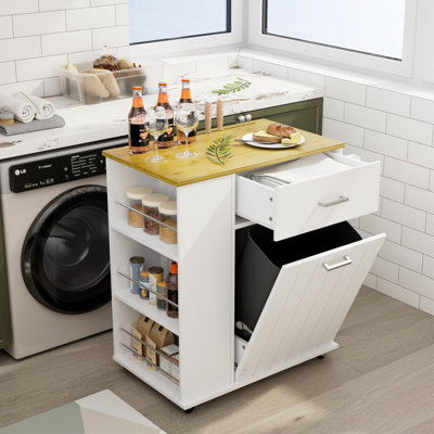 Rolling Kitchen Island with Pull-Out Trash Bin Cabinet,Kitchen Storage Cart On Wheels with 3 Tier Spice Rack,1 Drawer Bamboo Countertop,for Small Spac