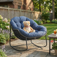 Oversized Outdoor Papasan Rocking Chair with Soft Cushion, Comfy Patio Egg Chair, Wicker Lounge Rocker for Balcony/Porch/Garden, Reinforced All Weathe