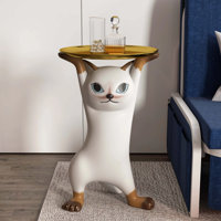 Modern Cat Side Table Floor Resin Figurine with Gold Tray End Table by Latitude Run