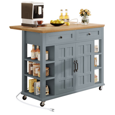 Brianny Rolling Kitchen Cart Island with Foldable Tabletop 2 Drawers and Power Outlet by Ebern Designs