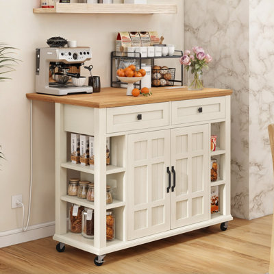 Brianny Rolling Kitchen Cart Island with Foldable Tabletop 2 Drawers and Power Outlet by Ebern Designs