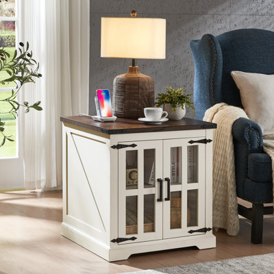 Keyaun 24"W Farmhouse Square End Table with Charging Station& Barn Glass Door, Adjustable Storage Shelf by Latitude Run