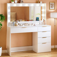 Talei Makeup Vanity Desk Large Mirror, 5 Drawer, Adjustable Light, Power Outlet by Ebern Designs