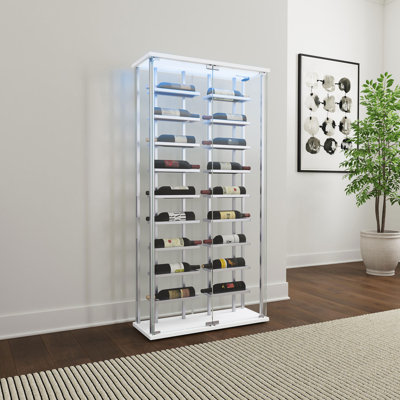 Kimika 2-Door Tempered Glass 18-Bottle Wine Tower Bar Cabinet Chrome and White by Wrought Studio