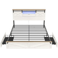 Farmhouse Bed Frame With Led Lights And Charging Station, Wooden Platform Bed With 2 Storage Drawers, Rustic Accent Headboard With Sliding Barn Door S