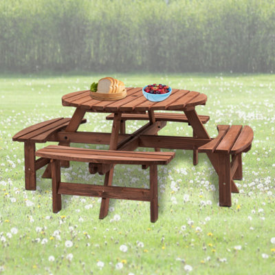 8 Person Wooden Picnic Table, Outdoor Camping Dining Table with Seat, Garden, DIY w/ 4 Built-in Benches