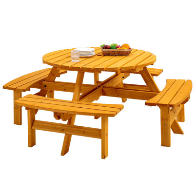 8 Person Wooden Picnic Table, Outdoor Camping Dining Table with Seat, Garden, DIY w/ 4 Built-in Benches by Arlmont & Co.