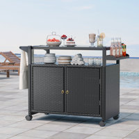 Wicker Bar Cart, Outdoor Kitchen Island Bar Table (black) by Red Barrel Studio