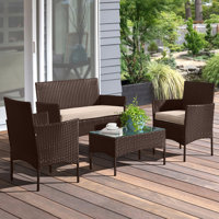 Masaki 4-Piece Patio Furniture Set - Rattan Outdoor Couch, 2 Patio Chairs, and Table Combo - Cushioned Deck, Pool, or Porch Furniture by Lavish Home by Winston Porter