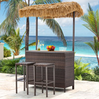 Outdoor Tiki Bar Set, Wicker Patio Bar w/2 Stools, Storage Shelf for Backyard Poolside Garden by Bay Isle Home