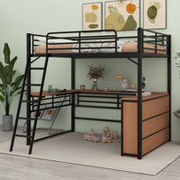 Twin Size Metal Loft Bed With Shelves And L-Shaped Desk by Mason & Marbles