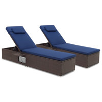 2 Pcs Patio Chaise Lounge With 6-level Backrest Comfy Seat Cushion & Headrest Backyard Navy